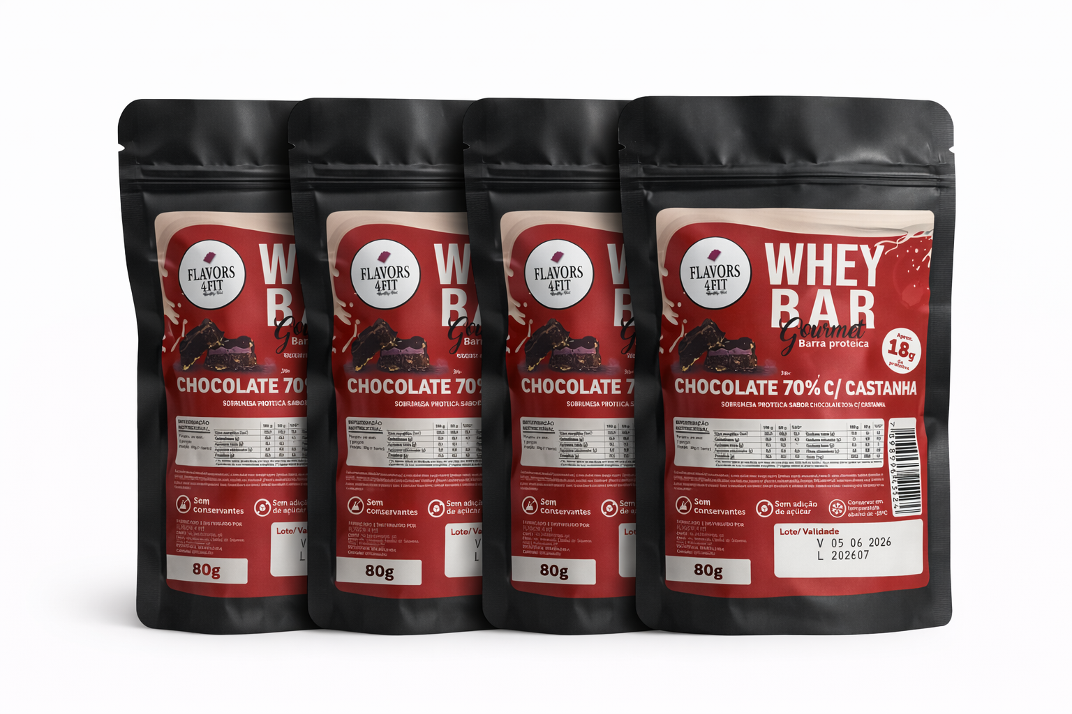 Whey Bar Chocolate 70% c/ Castanha 4un - 80g